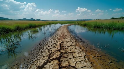 Dwindling Waters Amidst Cracked Earth: Nature's Minimalist Score. Concept Drought Crisis, Environmental Impact, Water Conservation, Climate Change, Nature's Resilience
