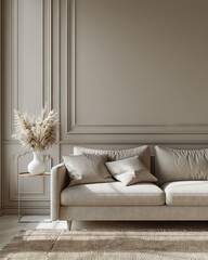 Modern minimalist gray, beige interior with sofa, wall moldings