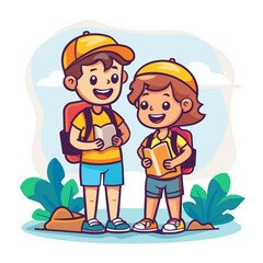 Cute little boy and girl backpackers. Vector cartoon illustration.