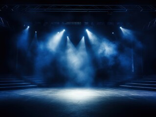 Navy Blue stage background, navy blue spotlight light effects, dark atmosphere, smoke and mist, simple stage background, stage lighting