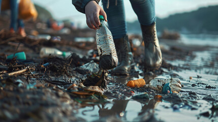 A volunteer collects garbage on a muddy beach. Close up - obrazy, fototapety, plakaty