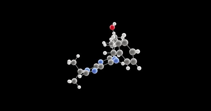 Seliciclib molecule, rotating 3D model of roscovitine, looped video on a black background