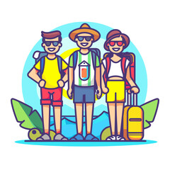 Group of tourists with backpacks. Vector illustration in flat style.