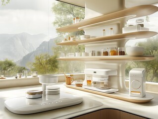 A kitchen with a lot of white appliances and shelves. The kitchen has a modern and minimalist design