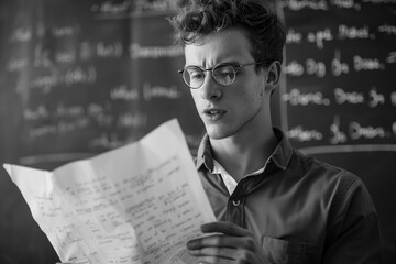 Black and white photo of a handsome young man teacher in glasses standing at a blackboard with equations