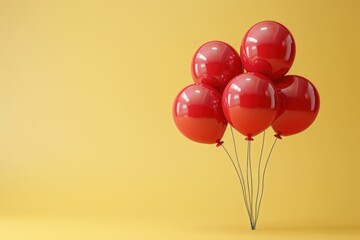 Vibrant 3D image of numerous red balloons floating against a bright yellow background, perfect for advertising and marketing purposes - Powered by Adobe