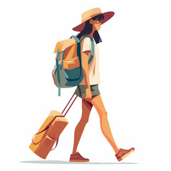 Tourist woman with backpack and hat walking. Vector illustration in cartoon style