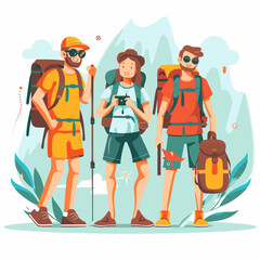 Hiking people vector illustration. Hikers with backpacks and trekking poles.