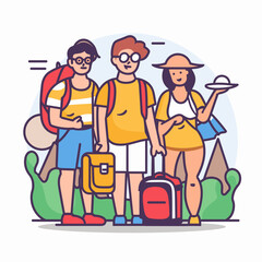 Tourists travelling together. People with backpacks and backpacks. Vector illustration