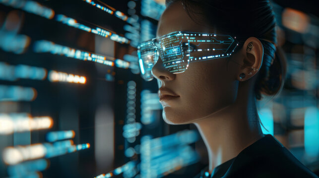 Software, data hologram and woman with code analytics, information technology and gdpr overlay. Programmer coding or IT person in glasses reading html script, programming and cyber security research