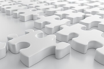 Close-up of white jigsaw puzzle pieces scattered, with focus on one piece.