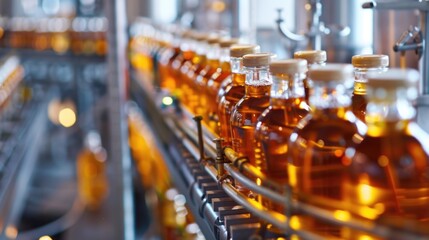 Fototapeta na wymiar Amber glass bottles on an industrial conveyor belt in a factory setting.