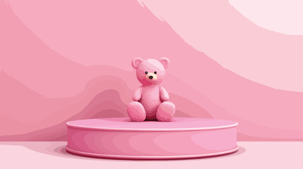 White podium with teddy bear on pink background. 