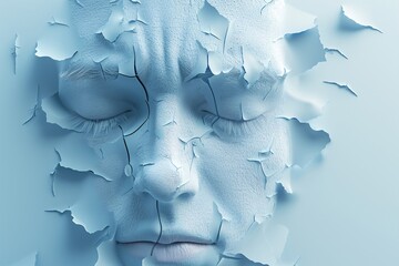 Artistic representation of a face fragmenting into pieces, symbolizing a fractured identity.