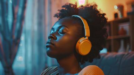 A young African American woman listens to music 
