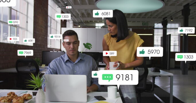 Image of social media data processing over diverse business people talking