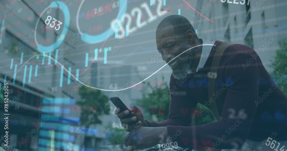 Poster image of data processing over african american man using smartphone