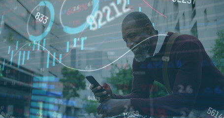 Image of data processing over african american man using smartphone