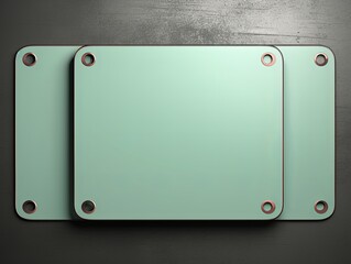 Mint Green large metal plate with rounded corners is mounted on the wall. It is a 3D rendering of a blank metallic signboard