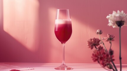 Glass of red juice on a pink surface with natural light and flowers.