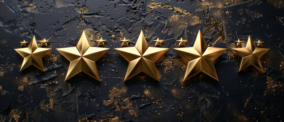 Five golden stars for product rating reviews serve as a valuable indicator of customer satisfaction and product quality - obrazy, fototapety, plakaty