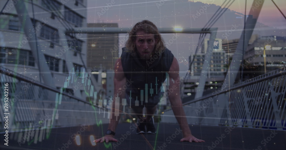Poster image of financial data processing over caucasian man doing push ups in city