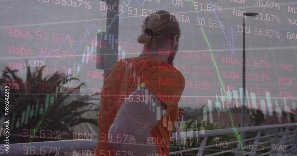 Poster image of financial data processing over caucasian man running in city