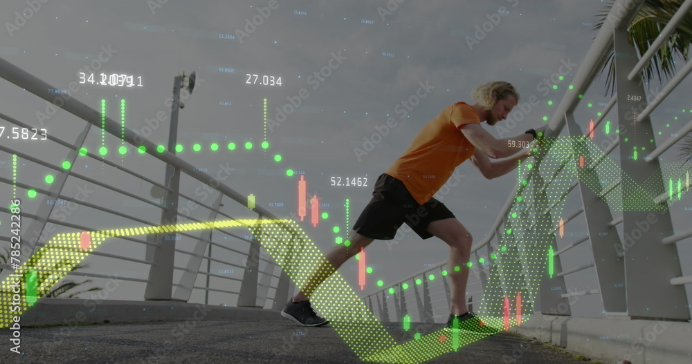 Poster image of multiple graphs with numbers over caucasian man doing stretching at outdoors