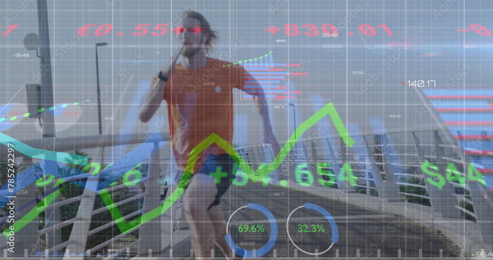 Poster image of financial data processing over caucasian man running in city