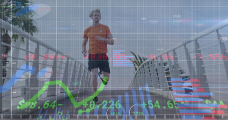 Image of financial data processing over caucasian man running in city