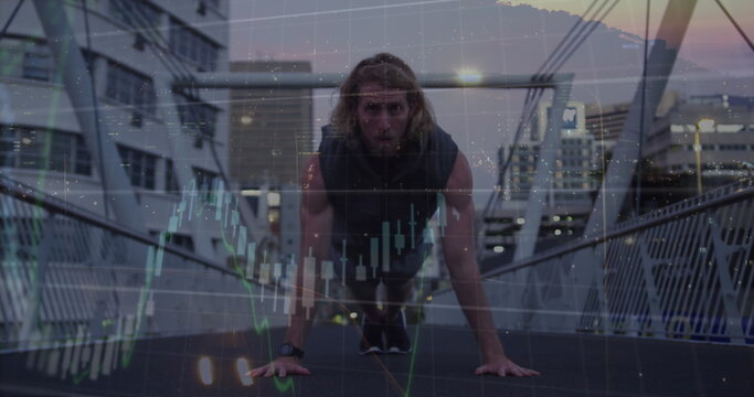 Image of financial data processing over caucasian man doing push ups in city