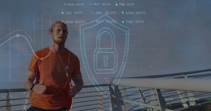 Image of padlock and data processing over caucasian man running in city