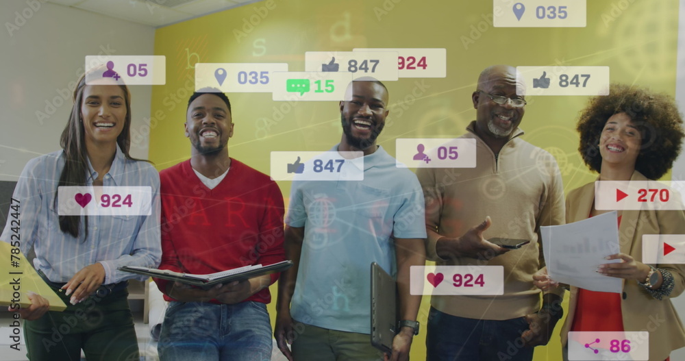Poster image of notification bars over diverse coworkers discussing and smiling while looking at camera