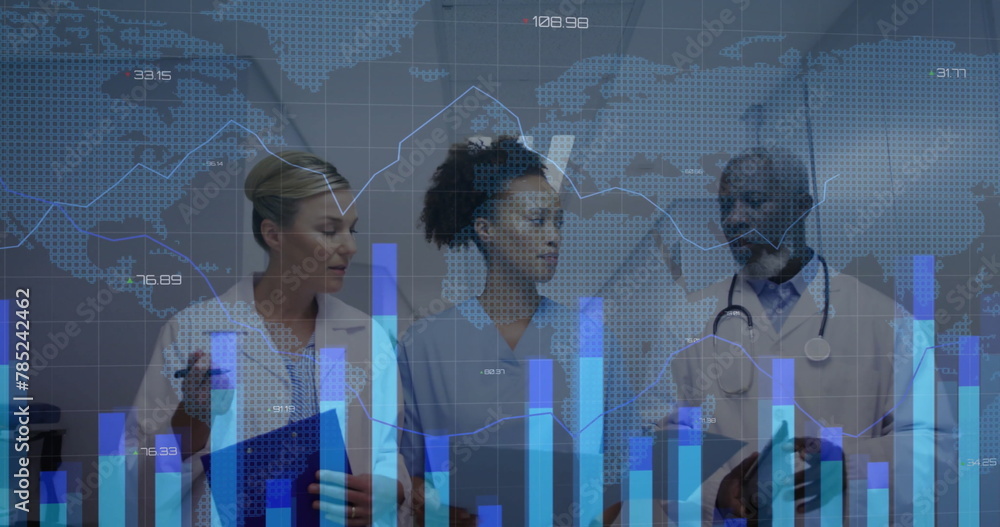 Poster image graphs and map over diverse doctors discussing patient reports while walking in corridor