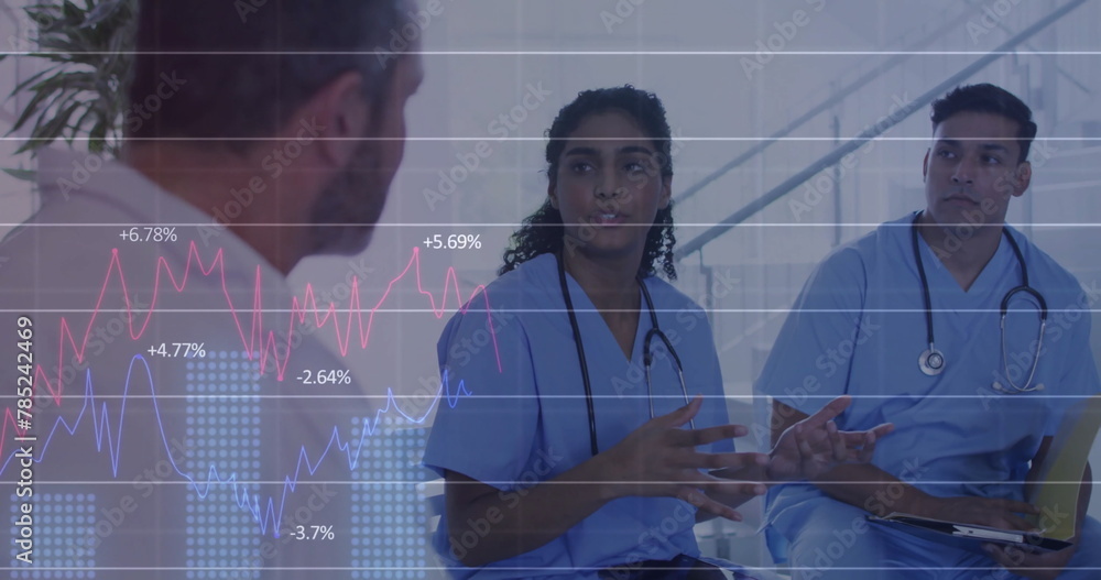 Poster image of multiple graphs with changing numbers over diverse doctors discussing in hospital