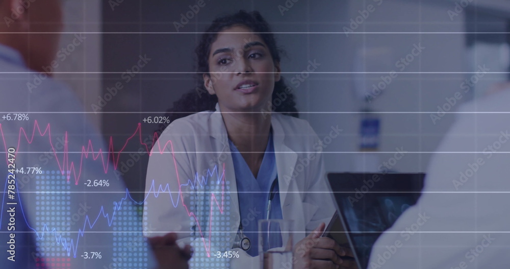 Poster image of multiple graphs with changing numbers over diverse doctors discussing patient reports