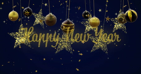 Image of happy new year text with baubles and stars hanging on blue background