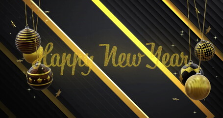 Image of happy new year text with baubles and stars hanging on abstract background