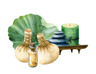 Watercolor spa illustration with a burning candle, balanced stones, herbal massage bags, a spa bottle and lotus leaf isolated on a white background.