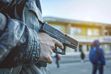 Close up of young man with a pistol gun standing in front of a high school building in blurry background - obrazy, fototapety, plakaty