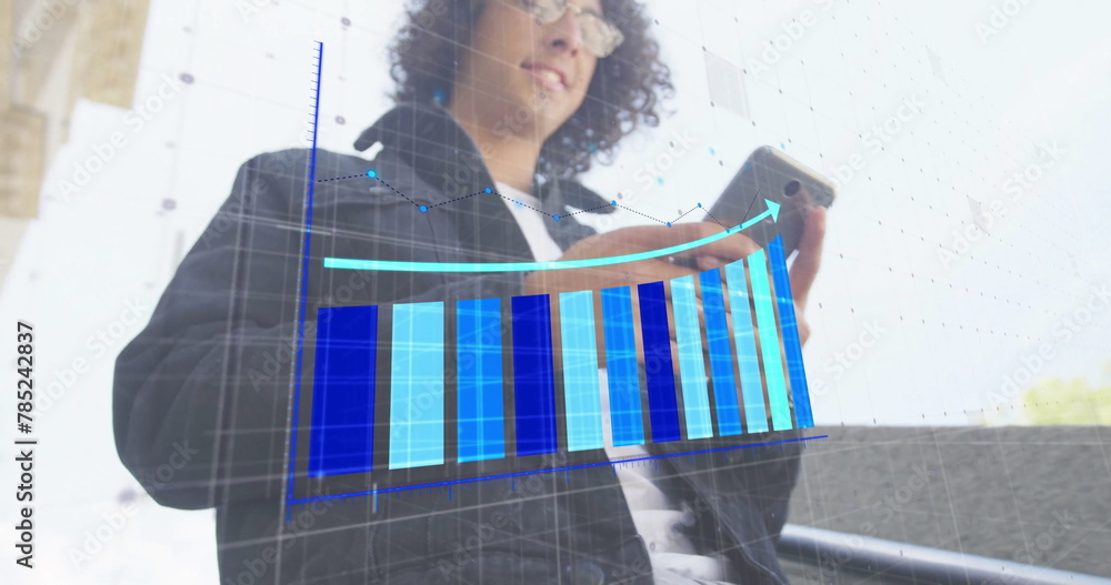 Poster image of financial data processing over biracial man using smartphone