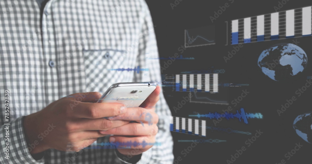 Poster image of financial data processing over caucasian businessman using smartphone