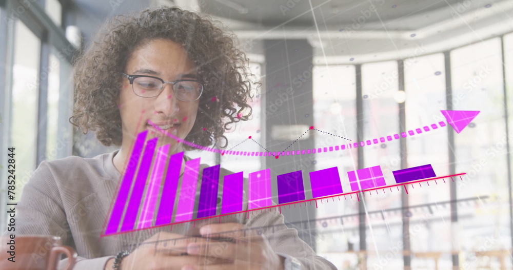 Poster image of financial data processing over biracial man using smartphone