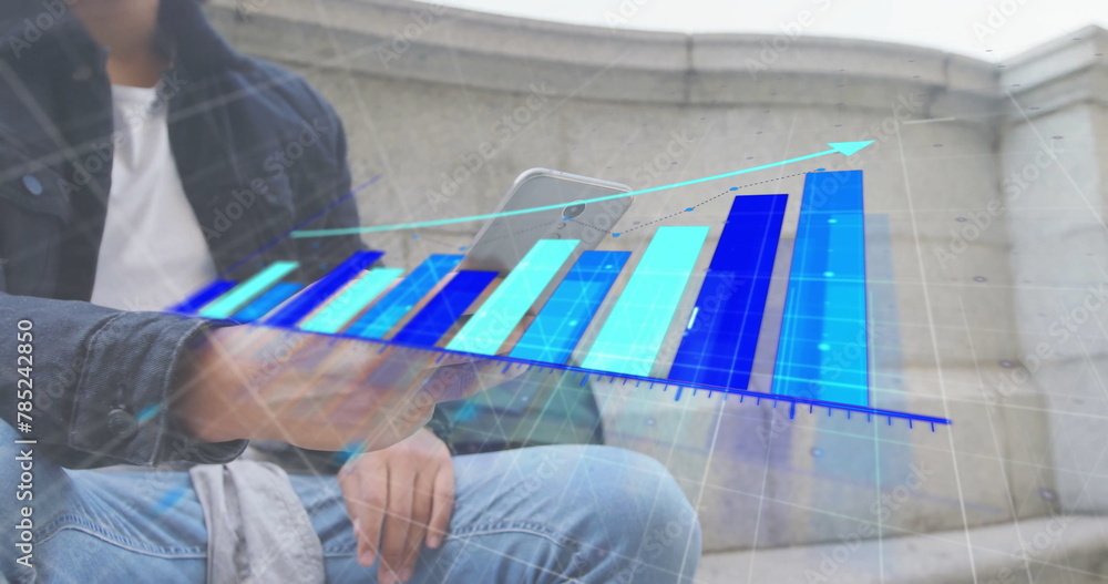 Poster image of financial data processing over biracial man using smartphone
