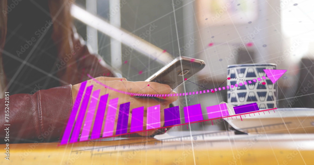 Poster image of financial data processing over caucasian businessman using smartphone