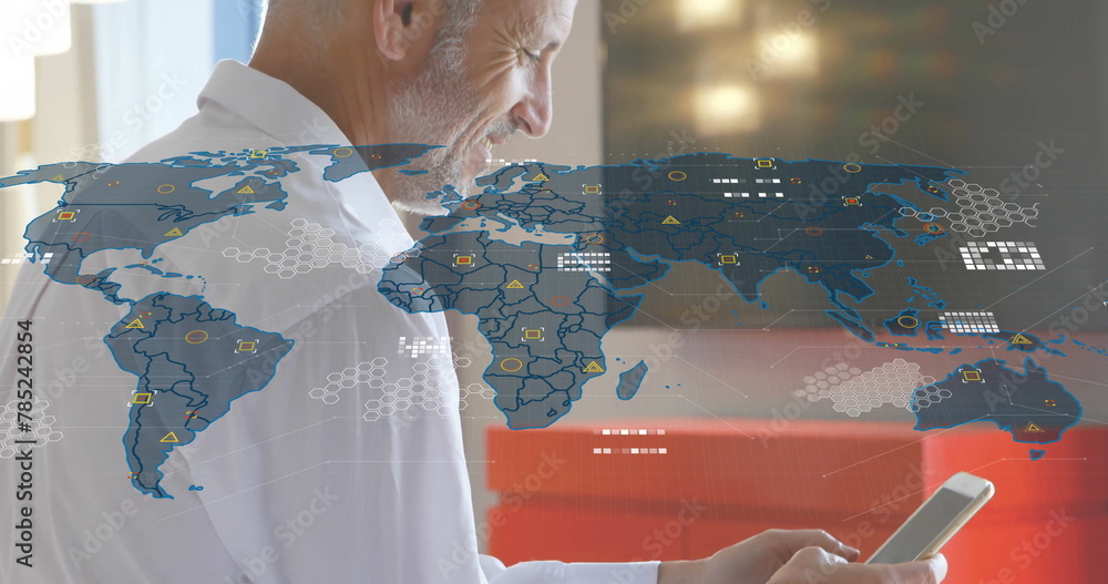 Poster image of financial data processing over caucasian businessman using smartphone
