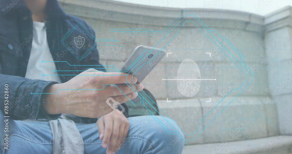 Poster image of financial data processing over biracial man using smartphone