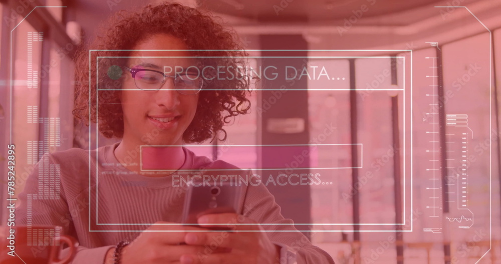 Poster image of data processing over biracial man using smartphone