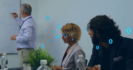 Image of binary coding data processing over diverse business people in office