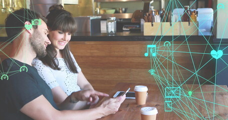 Image of financial data processing over caucasian people using smartphone